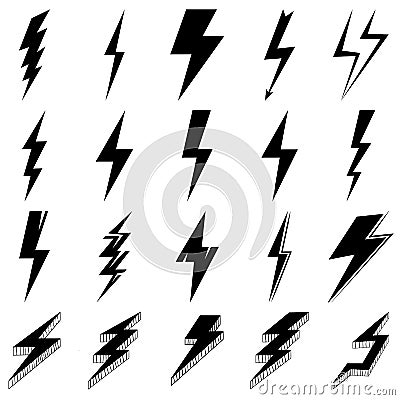 Thunder and Bolt Lighting Flash Icons Set. Flat Style on white Background. Vector Vector Illustration