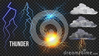 Thunder, Lightnigs Set Vector. Bolt, Night Sky Magic Bright Sparkle Effect. Fireball, Rain, Cloudy. Bad Weather Vector Illustration