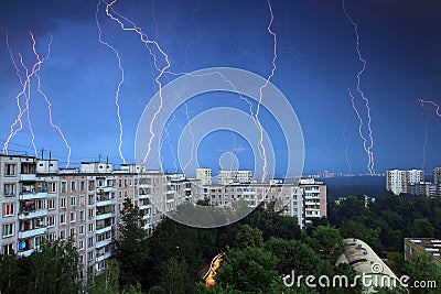 Thunder and lightning over the city. Moscow. Russia. A long expo Stock Photo