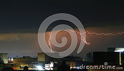 Thunder lightning storm clouds with lot of ligtning bolts Stock Photo
