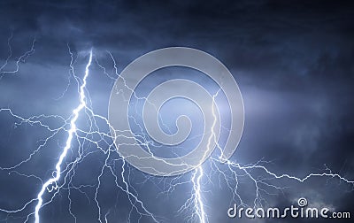 Thunder, lightnings and rain on stormy summer night Stock Photo