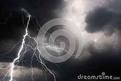 Thunder, lightnings and rain on stormy summer night Stock Photo