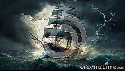 Thunder striking on a sea with ship black pearl Stock Photo