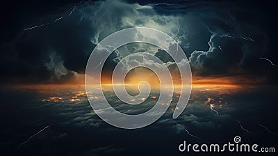 Thunderous dark sky with black clouds and flashing lightning. Concept on the theme of weather, storms, typhoons, thunderstorms, Stock Photo