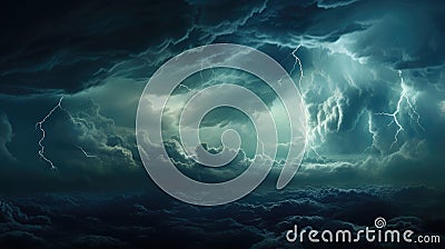 Thunderous dark sky with black clouds and flashing lightning Stock Photo