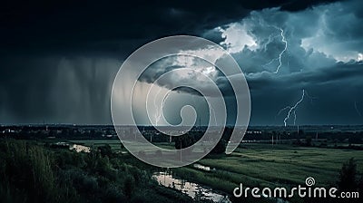 Thunderous dark sky with black clouds and flashing lightning, weather, natural disasters Stock Photo