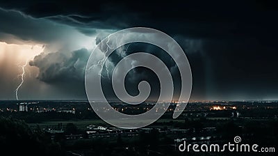 Thunderous dark sky with black clouds and flashing lightning, weather, natural disasters Stock Photo