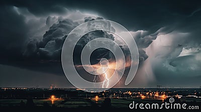 Thunderous dark sky with black clouds and flashing lightning, weather, natural disasters Stock Photo