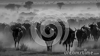 A thunderous herd of stampeding wildebeest charging across an open plain raising up dust behind them created with Generative AI Stock Photo
