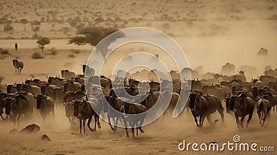 A thunderous herd of stampeding wildebeest charging across an open plain raising up dust behind them created with Generative AI Stock Photo