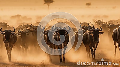 A thunderous herd of stampeding wildebeest charging across an open plain raising up dust behind them created with Generative AI Stock Photo
