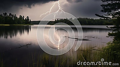 Thunderstorm Brewing Over Calm Lake Stock Photo