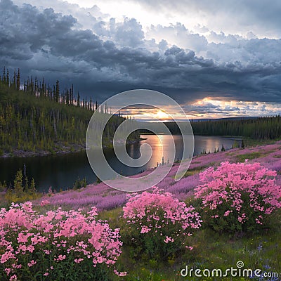 Thunderstorm brewing over Little Salmon Lake, Yukon Territory, Canada, with wild fireweed flowers, Epilobium Stock Photo
