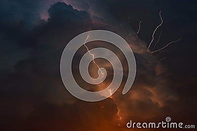 Thunderstorm with lightning Multiple forks of lightning pierce the night sky Stock Photo