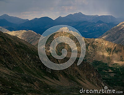 Thunderstorm in the Mount Massive Wilderness, from the summit pf Peak 13500, Colorado Stock Photo