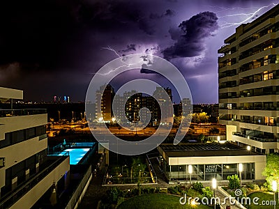 Thunderstorm night with lightning from my house in Valdebebas in Madrid, Spain Stock Photo