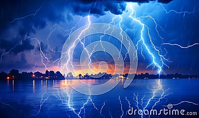 Thunderstorm over the city and the lake at night, abstract background. Stock Photo
