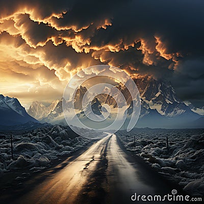 thunderstorm over the mountains with a road straight ahead to these mountains Stock Photo