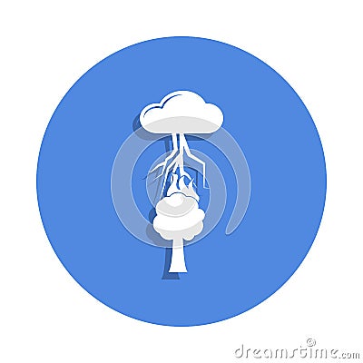 thunderstorm over a tree icon in badge style. One of weather collection icon can be used for UI, UX Stock Photo