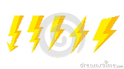 Thunderstorm pixel discharges. Lightning electrical flashes with geometric curves high voltage hazard. Vector Illustration