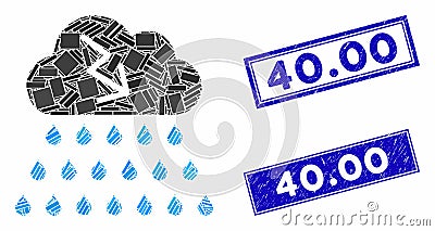 Thunderstorm Rain Cloud Mosaic and Grunge Rectangle 40.00 Seals Vector Illustration