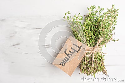 Thyme fresh herbs close-up, on a light background. Stock Photo