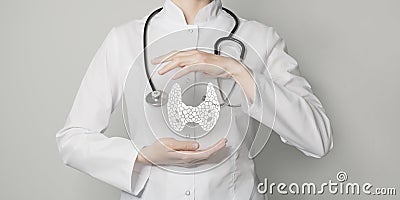 Endocrinologist doctor, thyroid gland specialist. Aesthetic handdrawn highlighted illustration of human thyroid gland. Neutral Stock Photo
