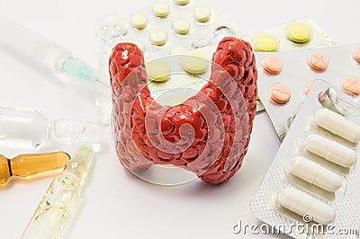 Thyroid treatment concept photo. Figure of thyroid surrounded by pills, medications, medicine vials with syringe, symbolizing trea Stock Photo