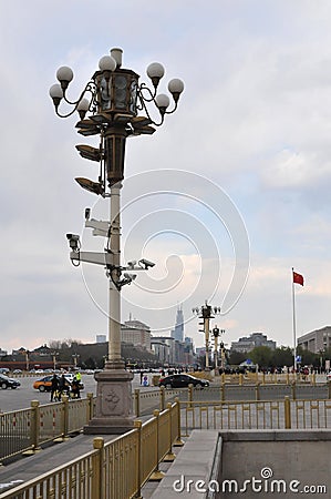 Tiananmen Square Street Lamp with many Observation Camera Stock Photo