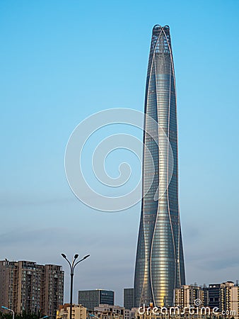 TIANJIN, CHINA - 5 OCT 2019 - The Tianjin CTF Finance Centre at Tianjin Binhai New Area. Copy space on left Editorial Stock Photo