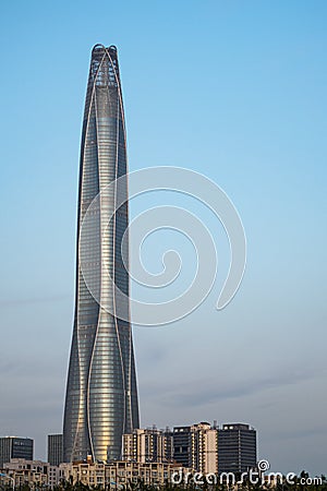 TIANJIN, CHINA - 5 OCT 2019 - The Tianjin CTF Finance Centre at Tianjin Binhai New Area. Copy space on right Editorial Stock Photo