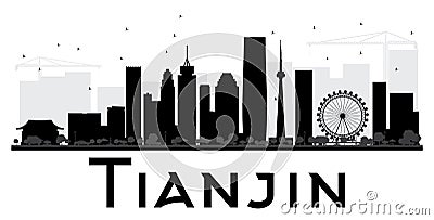 Tianjin City skyline black and white silhouette. Cartoon Illustration