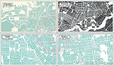 Tianjin, Shenyang, Suzhou and Shenzhen China City Maps Set in Retro Style Stock Photo