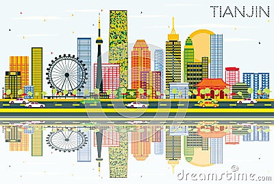 Tianjin Skyline with Color Buildings, Blue Sky and Reflections. Stock Photo