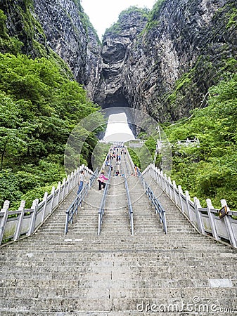 The Tianmen Mountain with a view of the cave Known as The Heaven`s Gate and the steep 999 stairs at Zhangjiagie, Hunan Province, Editorial Stock Photo