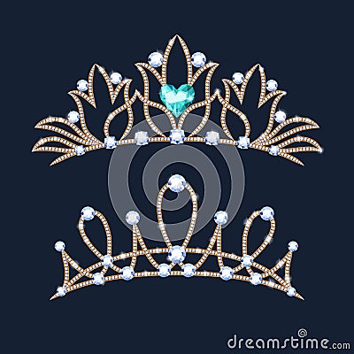 Tiara crowns set. Wedding diadem with diamonds and gems. Vector Illustration