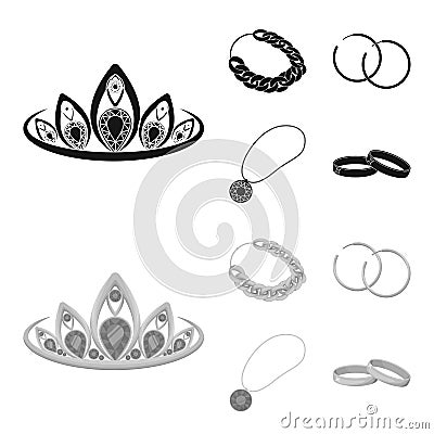 Tiara, gold chain, earrings, pendant with a stone. Jewelery and accessories set collection icons in black,monochrom Vector Illustration