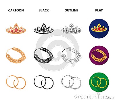 Tiara, gold chain, earrings, pendant with a stone. Jewelery and accessories set collection icons in cartoon,black Vector Illustration