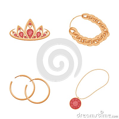 Tiara, gold chain, earrings, pendant with a stone. Jewelery and accessories set collection icons in cartoon style vector Vector Illustration