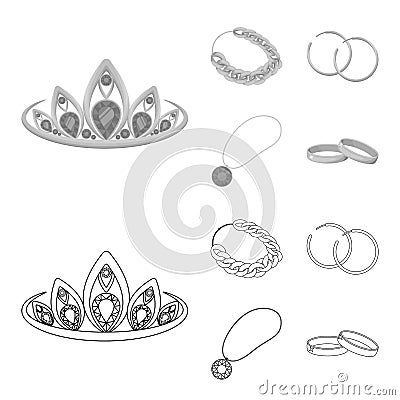 Tiara, gold chain, earrings, pendant with a stone. Jewelery and accessories set collection icons in outline,monochrome Vector Illustration