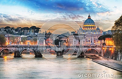 Tiber and St Peter Basilica in Vatican with rainbow, Rome Stock Photo