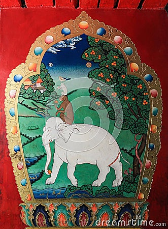Tibet,China-Jun 15,2014;Tibetan mural painting named Harmony of Editorial Stock Photo