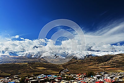 Tibet flag flying in front of the snow-capped mountains Editorial Stock Photo