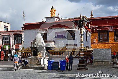 Tibet, Lhasa, China, June, 02, 2018. People walking near Nangze Shak Display Hall house of a noble family with 600 years of histo Editorial Stock Photo