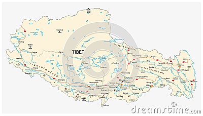 Tibet region with important cities and roads vector map. Vector Illustration
