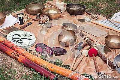 Tibetan bowls and other musical instruments Stock Photo