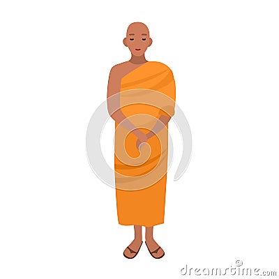 Tibetan buddhist monk dressed in traditional religious clothing. Asian monastic wearing long orange robe. Male cartoon Vector Illustration