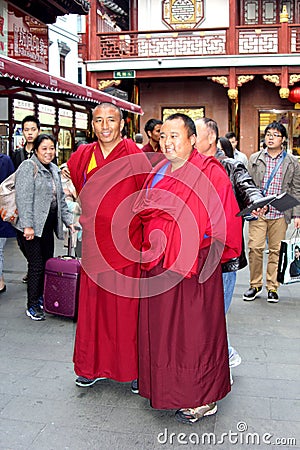 Tibetan Buddhist monks in Shanghai Old Town, China Editorial Stock Photo