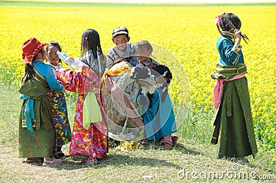 Tibetan children in seed field Editorial Stock Photo