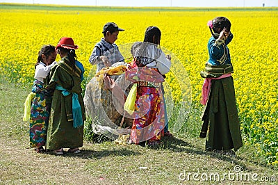 Tibetan children in seed field Editorial Stock Photo